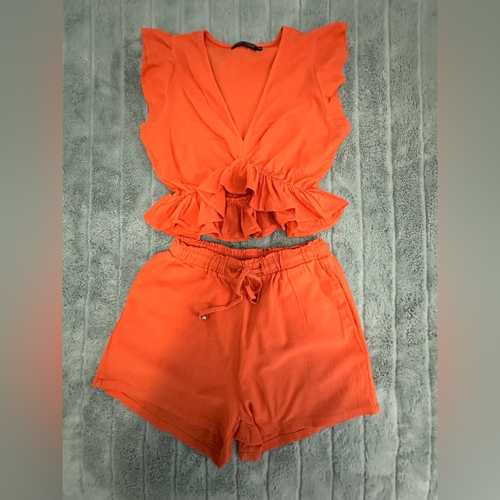 Fancyinn Orange Ruffle Top and Shorts Set